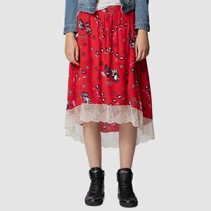 Zadig & Voltaire Joslin Daisy Red Silk Floral Skirt Size 40EU/8US Lace Trim Boho